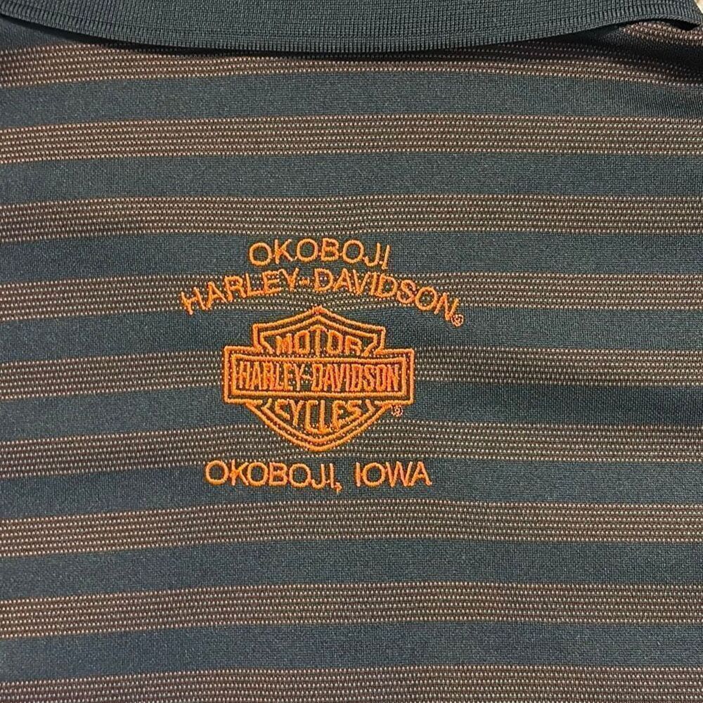 Harley Davidson Brown Striped Short Sleeve Polo Shirt Medium Okoboji IA - Picture 7 of 7